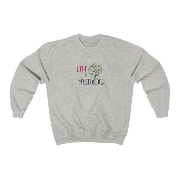 Comfy unisex sweatshirt with colorful Life is Mysterious logo on it in ash