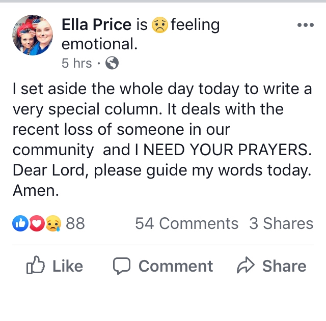 Ella Price social media post about writing this column and getting 54 comments