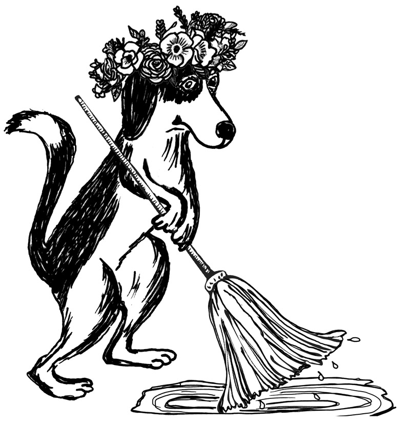 Illustration of dog standing up mopping floor wearing flower garland on head by artist Luba Sharapan