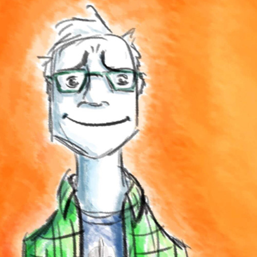 Cartoonish self portrait of artist Parker Bunch with glasses and  a checkered shirt over a tshirt with robot art