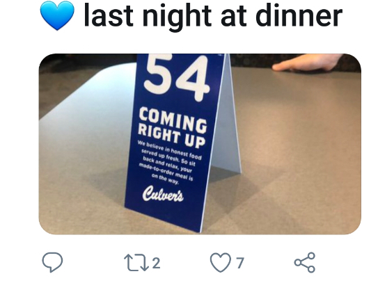 Order number tent card at Culver's restaraunt showing #54
