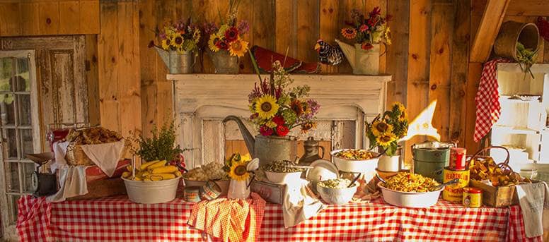 catering food table with red checkered tablecloth, antique enamel ware, and flanked by sunflowers and antique watering cans